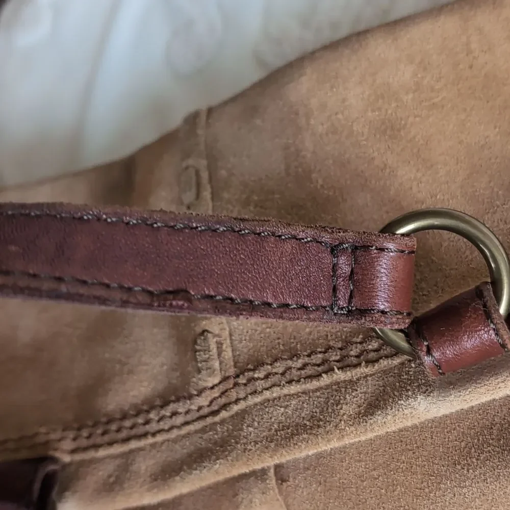 Lucky Brand Bag Vintage Tan Suede Large Tote- Fold Over Shoulder Sack Hobo Tote